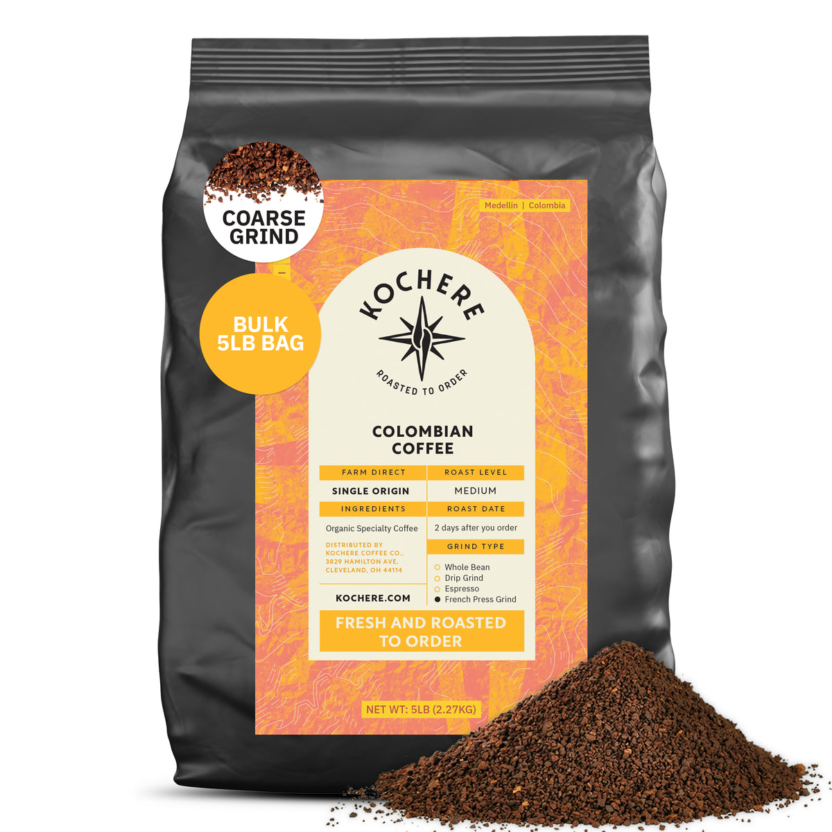 A 5 lb bag of Kochere Coffee Colombian Medellin Single Origin Medium Roast—dried orange and berry notes, coarse grind. Fresh grounds in front with detailed packaging and Fairtrade label from Kochere Coffee Company. [5lb][coarse grind]