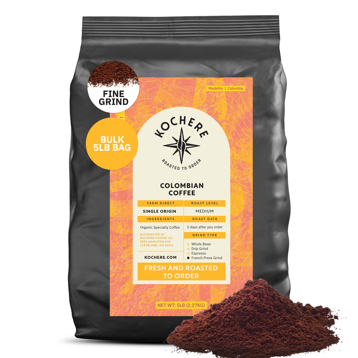 A 5lb bag of Kochere Coffee Colombian Medellin Single Origin Medium Roast by Kochere Coffee Company, featuring dried orange and berry notes. Packaging displays Fairtrade and fresh-to-order roasting, with ground coffee shown in front. [5lb][fine grind]