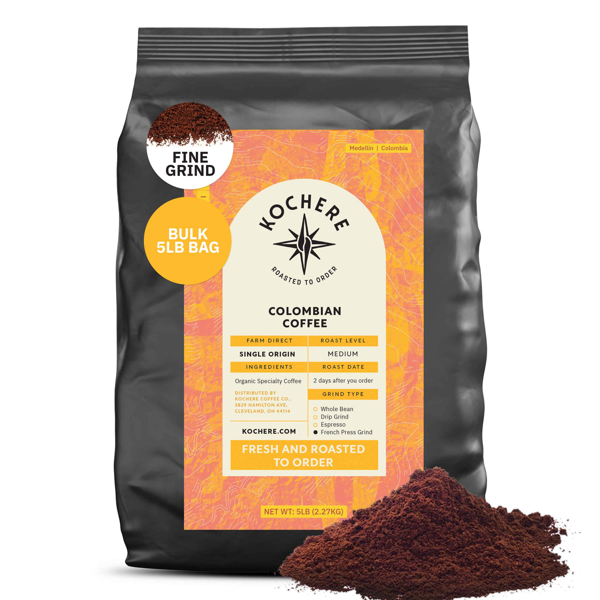 A 5lb bag of Kochere Coffee Colombian Medellin Single Origin Medium Roast by Kochere Coffee Company, featuring dried orange and berry notes. Packaging displays Fairtrade and fresh-to-order roasting, with ground coffee shown in front. [5lb][fine grind]