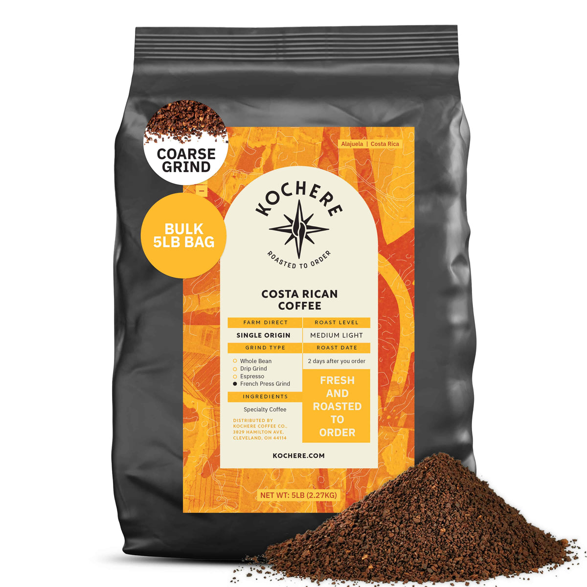 A 5lb bag of Kochere Coffee Costa Rican Alajuela Medium Roast from Kochere Coffee Company, featuring sweet apple and raisin notes, sits with some coarse coffee grounds spilled in front. Labeled single origin, medium light roast.[5LB][coarse grind]