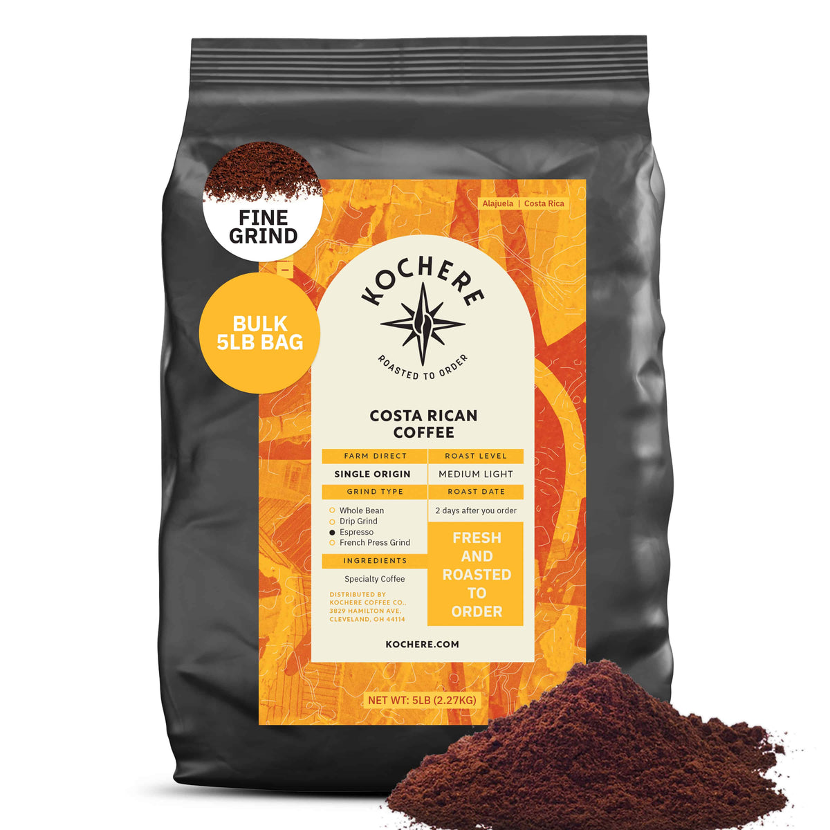 A 5lb bag of Kochere Coffee Costa Rican Alajuela Medium Roast from Kochere Coffee Company, featuring sweet apple and raisin notes, sits with some coarse coffee grounds spilled in front. Labeled single origin, medium light roast.[5LB][coarse grind]