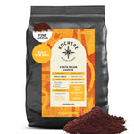 A 5lb bag of Kochere Coffee Costa Rican Alajuela Medium Roast from Kochere Coffee Company, featuring sweet apple and raisin notes, sits with some coarse coffee grounds spilled in front. Labeled single origin, medium light roast.[5LB][coarse grind]