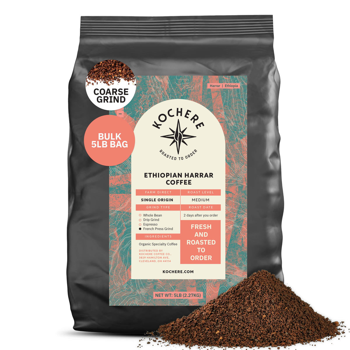 A 5-pound bag of Kochere Coffee Ethiopian Harrar Natural Medium Roast by Kochere Coffee Company, featuring label details and a pile of its coarse-ground, fruity, berry, dark chocolate-noted coffee in front.[5LB][coarse grind]