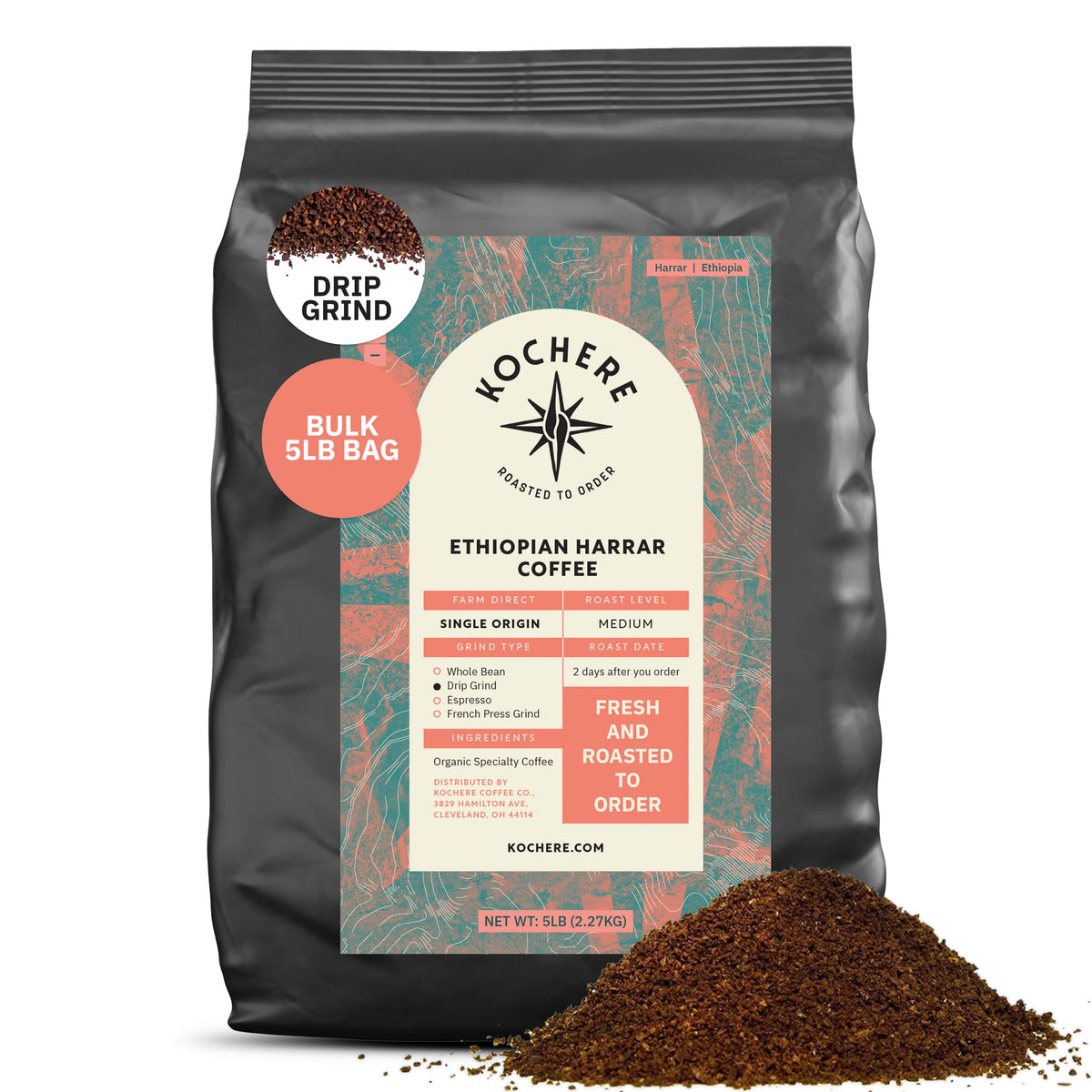 A 5lb bag of Kochere Coffee Company’s Ethiopian Harrar Natural Medium Roast, featuring fruity, berry, and dark chocolate notes in drip grind, with ground coffee piles shown in front and product details on the label.[5LB][drip grind]