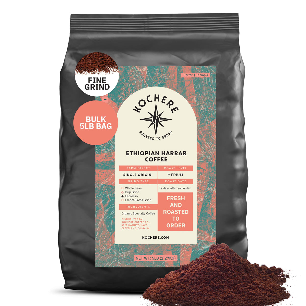 A 5-pound bag of Kochere Coffee Ethiopian Harrar Natural Medium Roast from Kochere Coffee Company—fruity, berry, and dark chocolate notes—finely ground and full of aroma for those who love bold, premium single origin coffee.[5LB][fine grind]