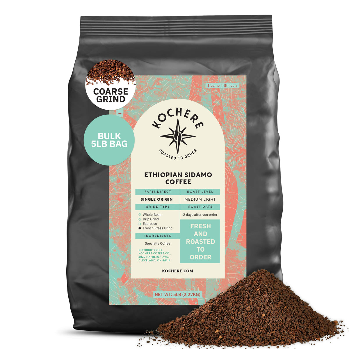A 5lb bag of Kochere Coffee Ethiopian Sidamo Natural Medium-Light Roast by Kochere Coffee Company, featuring milk chocolate and fruity notes, coarse ground with single origin and freshness emphasized on the label.[5LB][coarse grind]