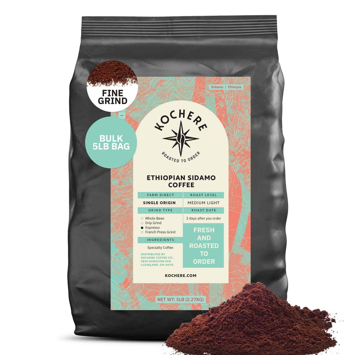 A 5lb bag of Kochere Coffee Ethiopian Sidamo Natural Medium-Light Roast by Kochere Coffee Company, labeled fine grind and single origin, with milk chocolate and fruity notes. Some ground coffee is displayed in front of the bag.[5LB][fine grind]