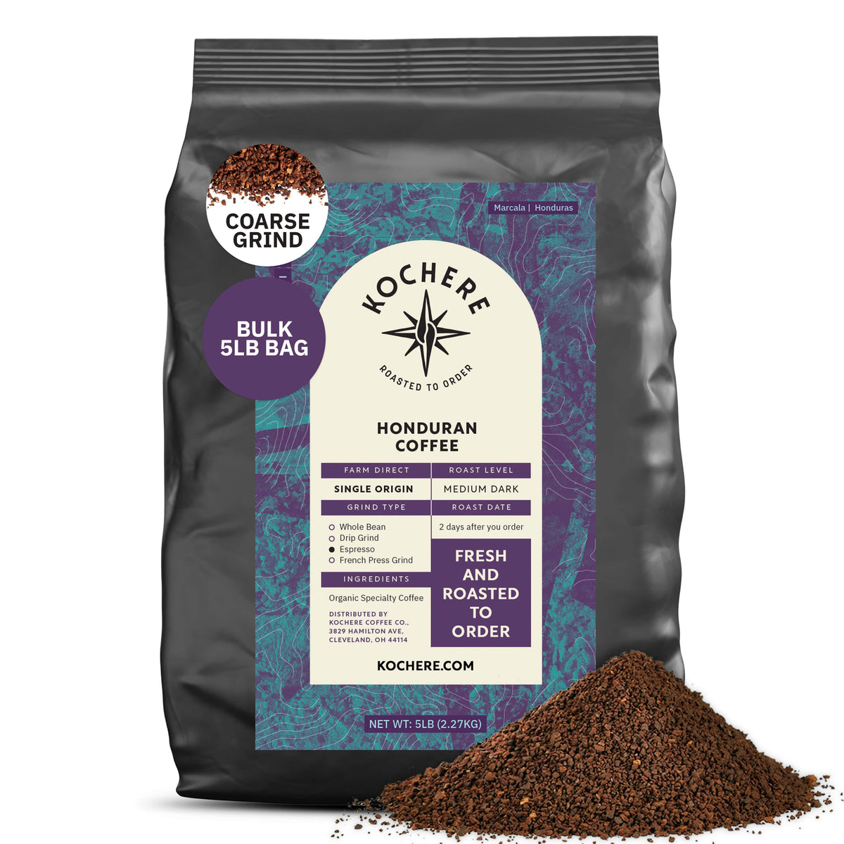 A 5lb bag of Kochere Coffee Company’s Honduran Marcala Organic Medium Roast, featuring caramel, spice, and brown sugar notes, with fair trade single origin coffee grounds artfully spilled in front.[5LB][coarse grind]