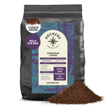 A 5lb bag of Kochere Coffee Company’s Honduran Marcala Organic Medium Roast, featuring caramel, spice, and brown sugar notes, with fair trade single origin coffee grounds artfully spilled in front.[5LB][coarse grind]