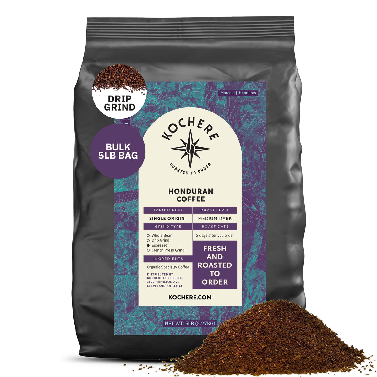 A 5-pound bag of Kochere Coffee Company's Honduran Marcala Organic Medium Roast, featuring caramel, spice, and brown sugar notes. The label highlights fresh roasting, single origin, rich flavor, and fair trade qualities. Ground coffee shown in front.[5LB][drip grind]
