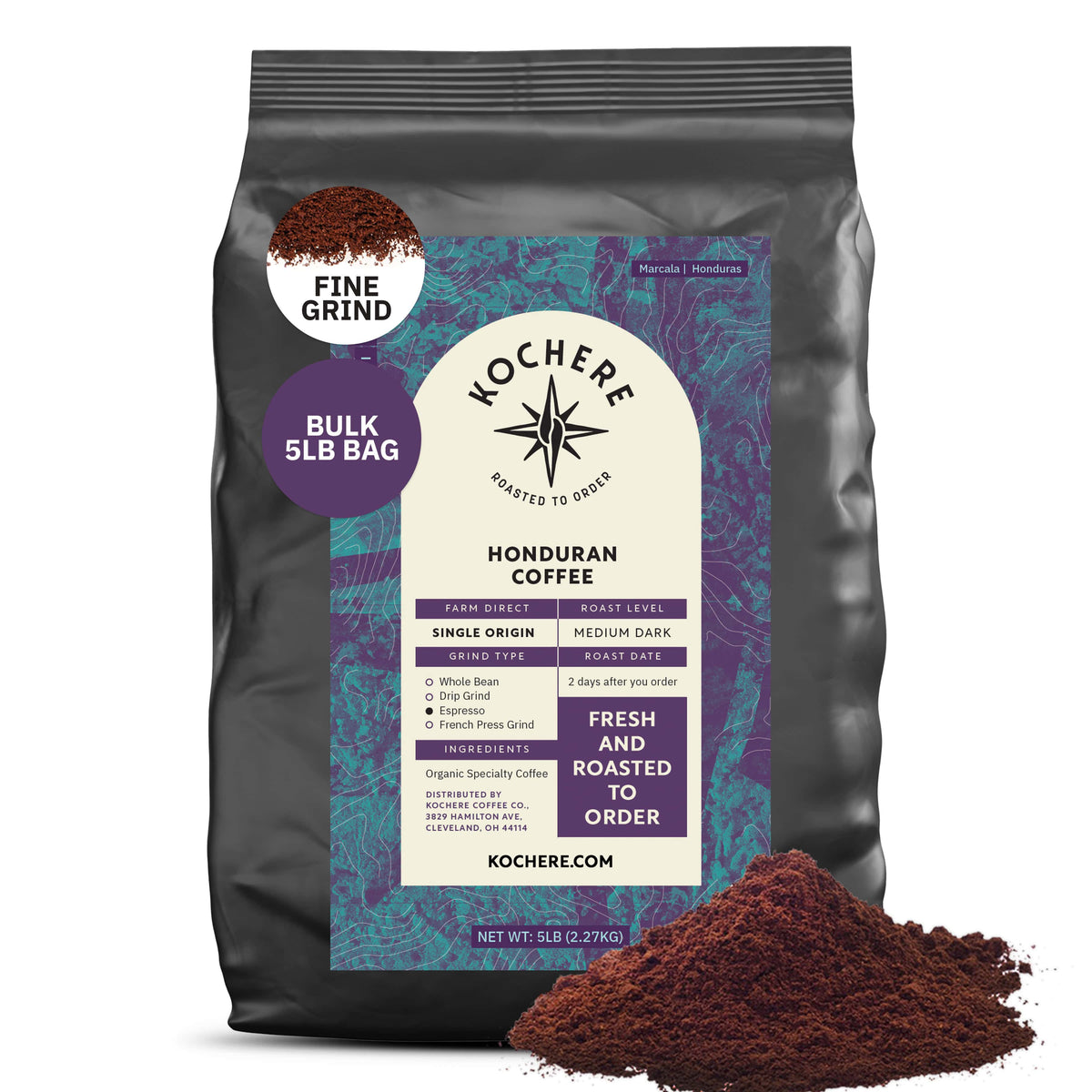 A 5lb bag of Kochere Coffee Honduran Marcala Organic Medium Roast—featuring caramel, spice, and brown sugar notes—showcased with ground coffee spilled in front. The label highlights single origin and ethically sourced, freshly roasted beans.[5LB][fine grind]