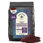 A 5lb bag of Kochere Coffee Honduran Marcala Organic Medium Roast—featuring caramel, spice, and brown sugar notes—showcased with ground coffee spilled in front. The label highlights single origin and ethically sourced, freshly roasted beans.[5LB][fine grind]
