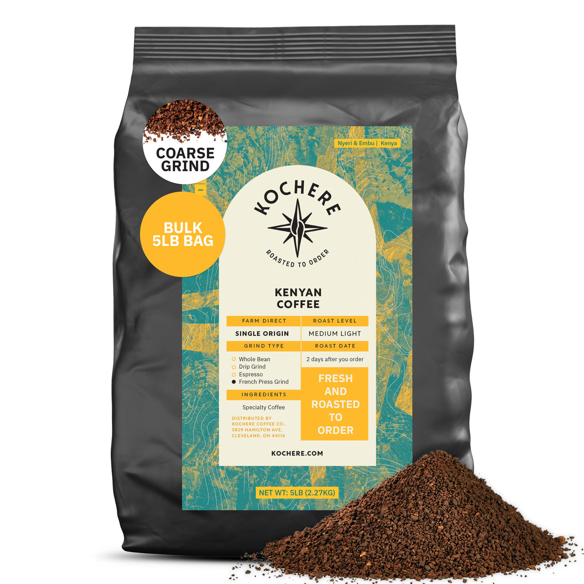 A 5lb bag of Kochere Coffee Kenyan Nyeri Embu AB Medium-Light Roast by Kochere Coffee Company, labeled "Fresh and Roasted to Order," with coarse grounds displayed in front. Fruity, balanced, and bright cup profile.