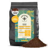 A 5lb bag of Kochere Coffee Kenyan Nyeri Embu AB Medium-Light Roast by Kochere Coffee Company, labeled "Fresh and Roasted to Order," with coarse grounds displayed in front. Fruity, balanced, and bright cup profile.