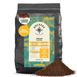 A 5lb bag of Kochere Coffee Kenyan Nyeri Embu AB, medium-light roast with lemon and blackberry notes, coarse ground by Kochere Coffee Company. Label: "Fresh and Roasted to Order." Pile of coffee grounds shown in front.