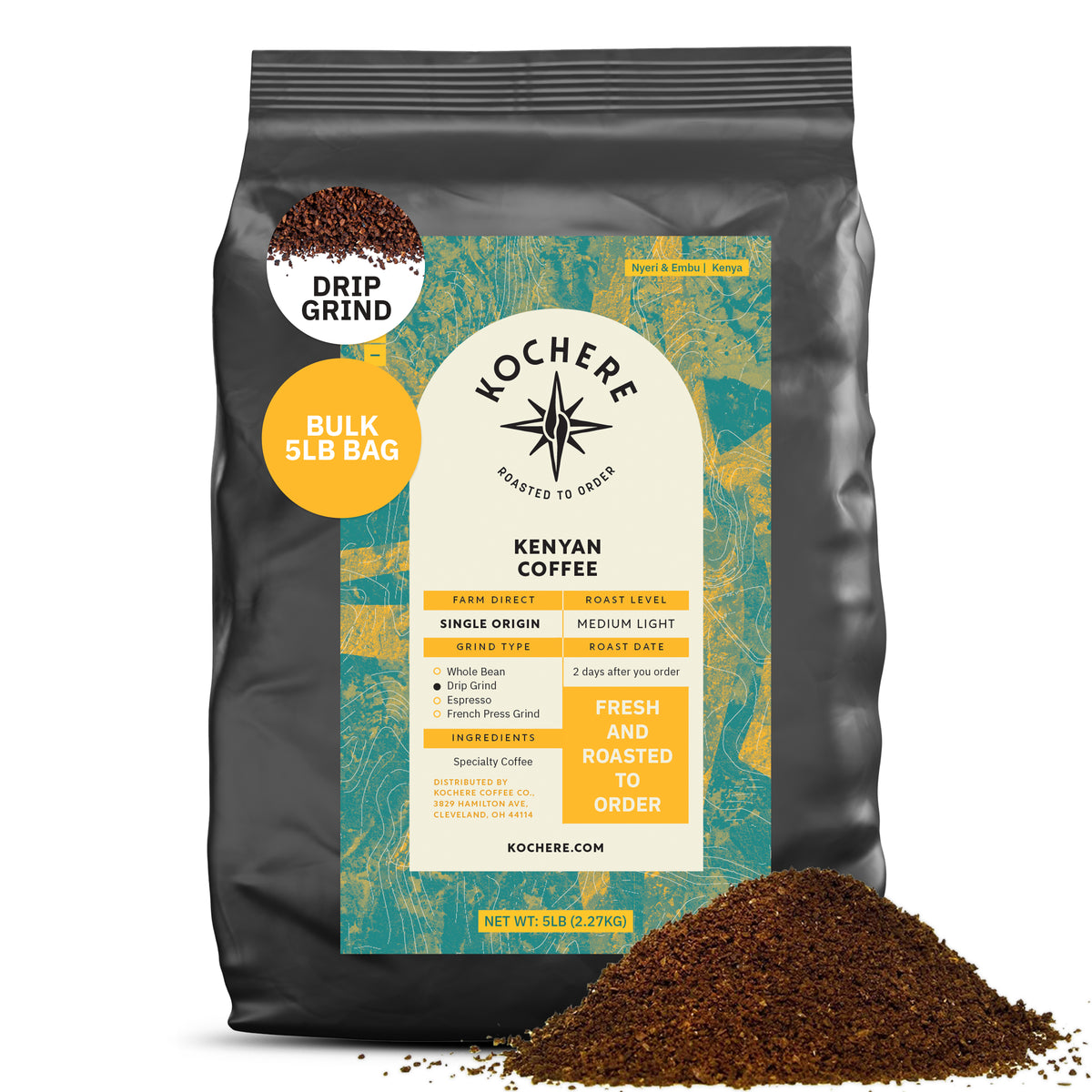 A 5lb bag of Kochere Coffee Kenyan Nyeri Embu AB Medium-Light Roast by Kochere Coffee Company; fruity, balanced, bright cup, drip grind, single origin, fresh roast-to-order. Packaging shows coffee grounds beside the bag.