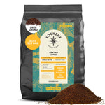 A 5lb bag of Kochere Coffee Company Kenyan Nyeri Embu AB Medium-Light Roast coffee with lemon and blackberry notes. The black bag features a colorful label, shown with a pile of ground coffee in front.