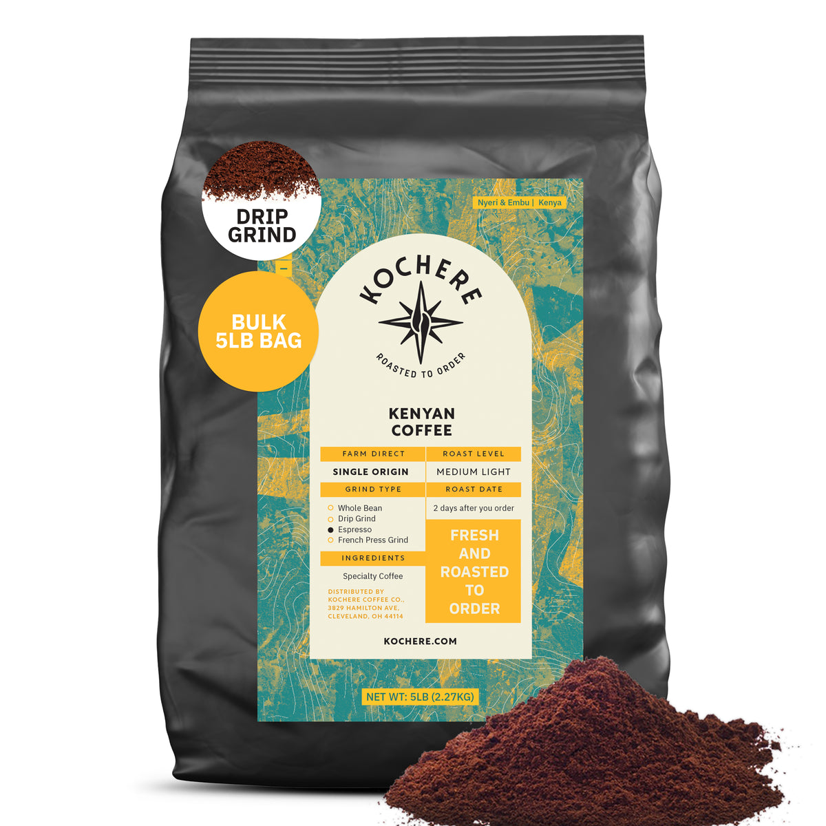 A 5lb bag of Kochere Coffee Kenyan Nyeri Embu AB, medium-light roast, drip grind, by Kochere Coffee Company is shown with branding, ingredient details, and a "Fresh and Roasted to Order" label alongside ground coffee.
