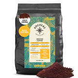 A 5lb bag of Kochere Coffee Kenyan Nyeri Embu AB, medium-light roast, drip grind, by Kochere Coffee Company is shown with branding, ingredient details, and a "Fresh and Roasted to Order" label alongside ground coffee.