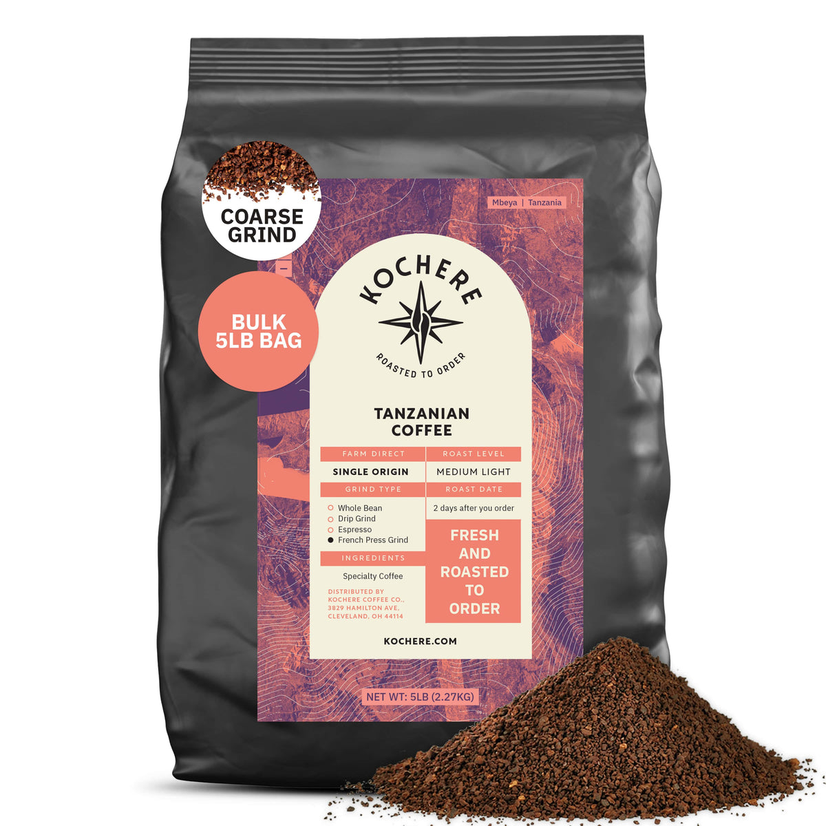 A 5-lb bag of Kochere Coffee Tanzanian Mbeya AB Medium-Light Roast by Kochere Coffee Company, featuring coarse ground coffee with pear, floral, and jasmine notes. Fresh, single origin, made to order.[5lb][coarse grind]