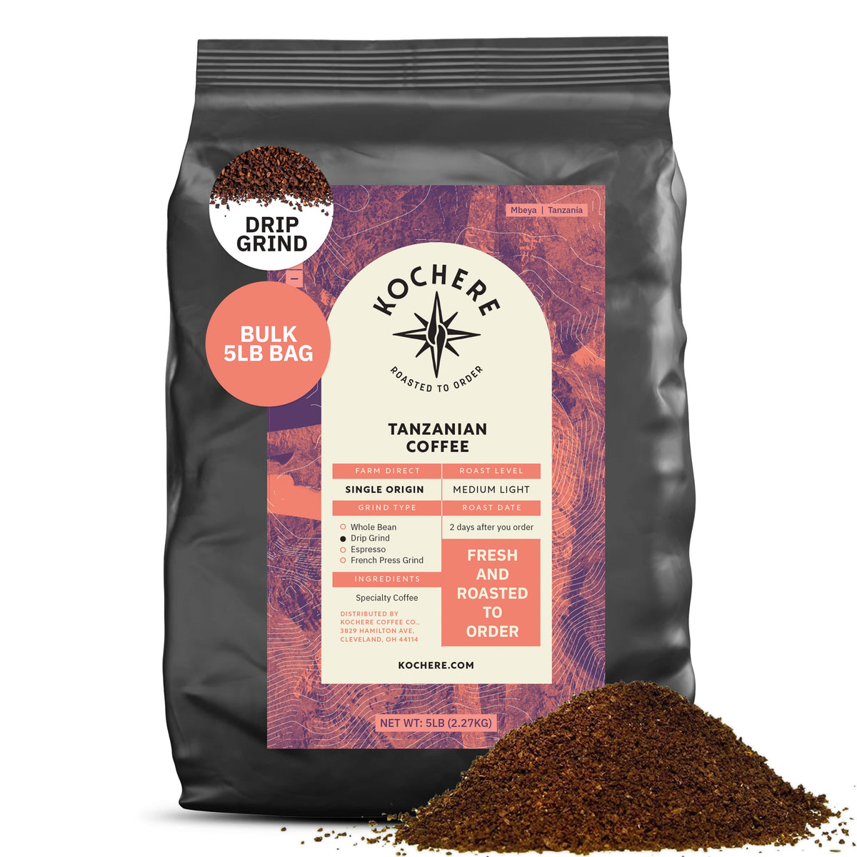 Kochere Coffee Company’s Tanzanian Mbeya AB, 5 lb bag, medium-light roast, drip grind—labeled "Fresh and roasted to order"—features vibrant pear, floral, and jasmine notes; some coffee grounds spilled at the base.[5lb][drip grind]