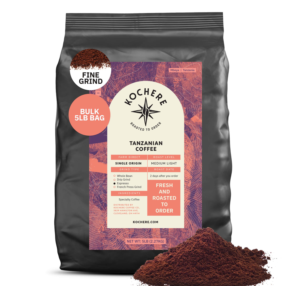 A 5lb bag of Kochere Coffee Company’s Tanzanian Mbeya AB Medium-Light Roast, featuring pear, floral, and jasmine notes, is freshly roasted to order with aromatic grounds shown in front.[5lb][fine grind]