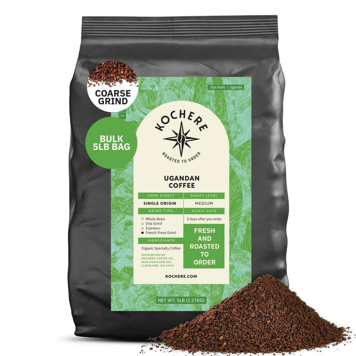 A 5lb bag of Kochere Coffee Company's Ugandan Sipi Falls Single Origin, Organic Medium Roast with raisin, fig, and brown sugar notes. Some ground coffee is spilled in front of the bag.[5lb][coarse grind]