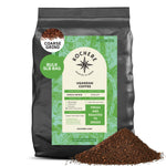 A 5lb bag of Kochere Coffee Company's Ugandan Sipi Falls Single Origin, Organic Medium Roast with raisin, fig, and brown sugar notes. Some ground coffee is spilled in front of the bag.[5lb][coarse grind]