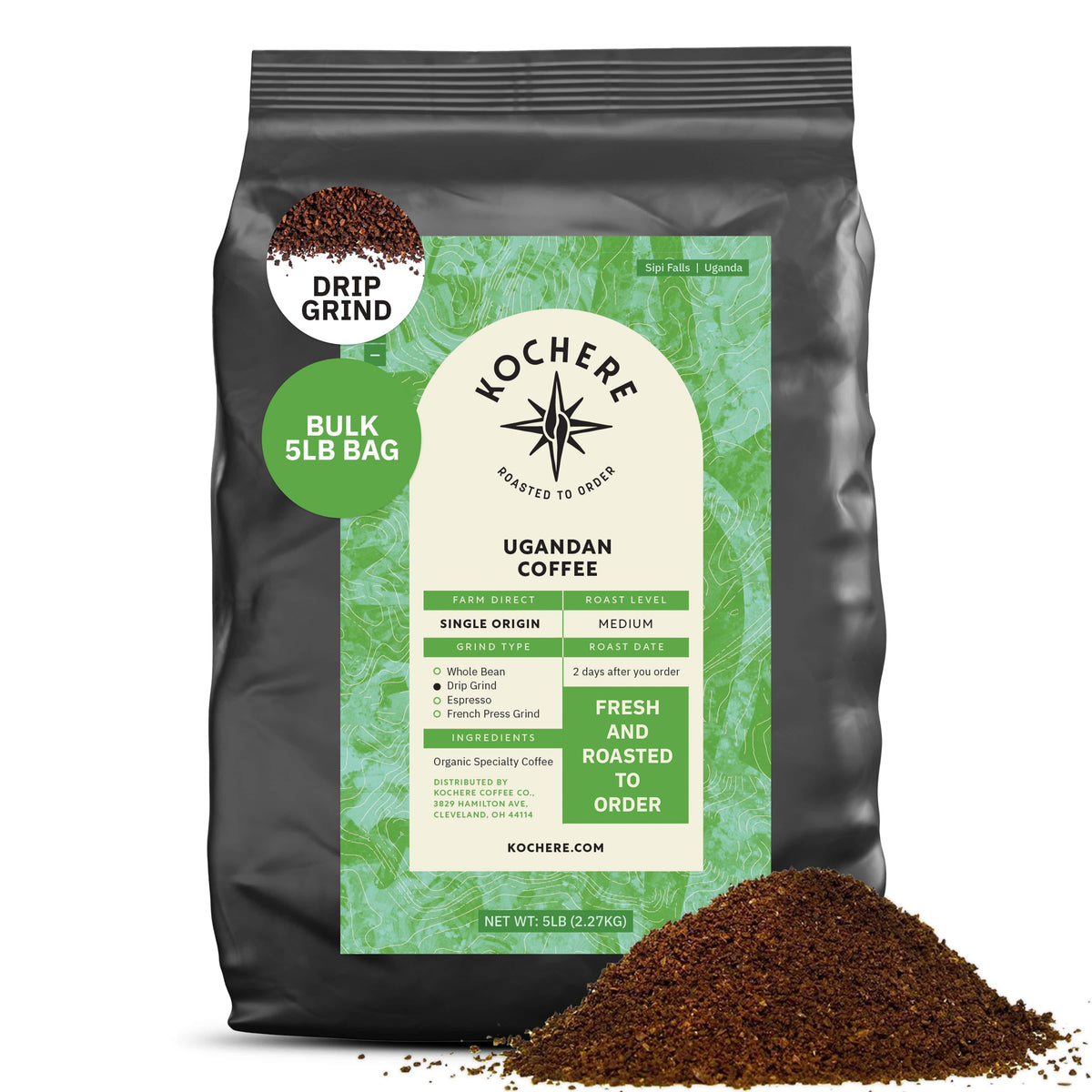 A 5lb bag of Kochere Coffee Company's Ugandan Sipi Falls Single Origin, Organic Medium Roast—featuring raisin, fig, and brown sugar notes—drip ground, with coffee spilled in front. Highlights: single origin, freshness, and sustainability.[5lb][drip grind]
