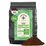 A 5lb bag of Kochere Coffee Company's Ugandan Sipi Falls Single Origin, Organic Medium Roast—featuring raisin, fig, and brown sugar notes—drip ground, with coffee spilled in front. Highlights: single origin, freshness, and sustainability.[5lb][drip grind]