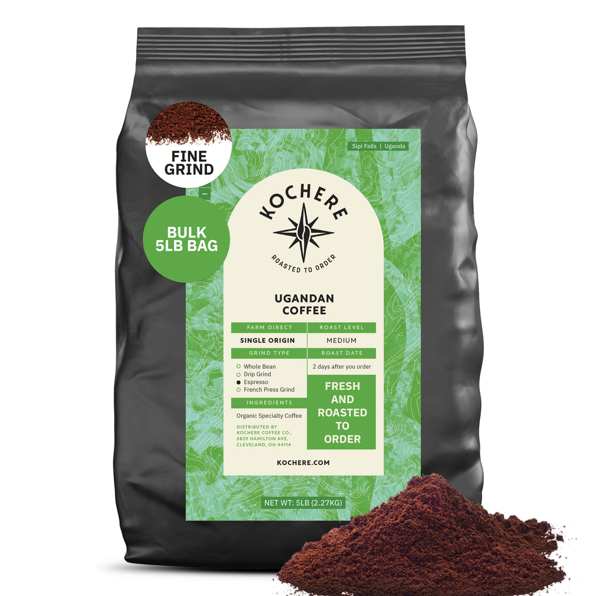 A 5lb bag of Kochere Coffee Company's Ugandan Sipi Falls Single Origin, organic medium roast coffee—raisin, fig, and brown sugar notes—freshly roasted to order and labeled “sustainably grown.” Fine grind shown in front.[5lb][fine grind]