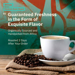 African Medium Dark Roast graphic reading 'Guaranteed Freshness in the Form of Exquisite Flavor,' accompanied by a cup of coffee and whole beans. [all]