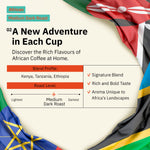 African Medium Dark Roast graphic reading 'Guaranteed Freshness in the Form of Exquisite Flavor,' accompanied by a cup of coffee and whole beans. [all]