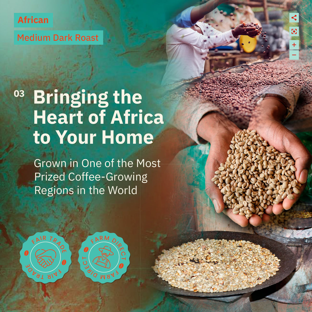 African Medium Dark Roast graphic reading 'Guaranteed Freshness in the Form of Exquisite Flavor,' accompanied by a cup of coffee and whole beans. [all]