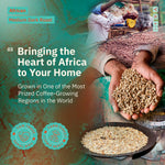 African Medium Dark Roast graphic reading 'Guaranteed Freshness in the Form of Exquisite Flavor,' accompanied by a cup of coffee and whole beans. [all]
