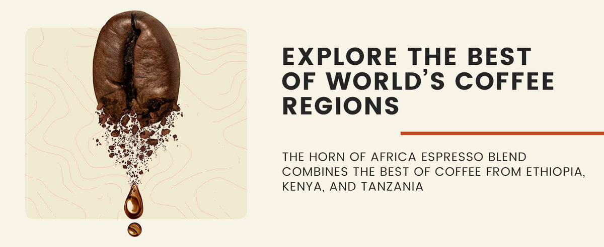 A large coffee bean above coffee grounds and a drop, with text promoting coffee blends from Ethiopia, Kenya, and Tanzania as the best of the world’s coffee regions.