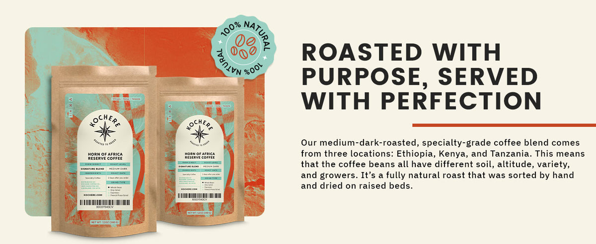 Two bags of Hochera Horn of Africa Reserve Coffee are displayed against a teal and orange background, with text describing the coffee’s origins and roasting process.