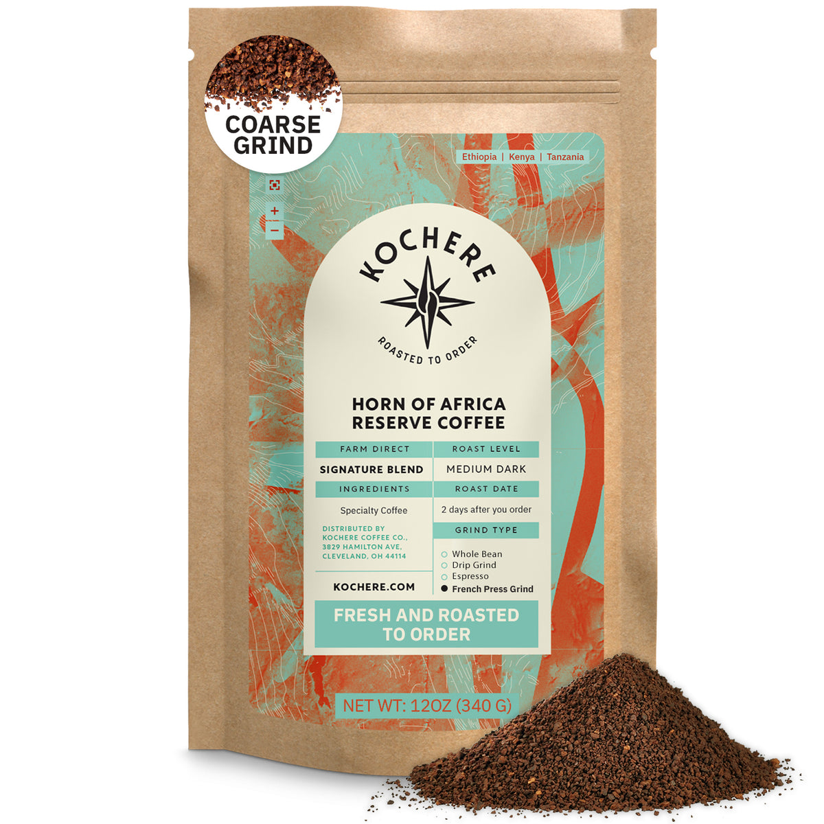 A 12 oz bag of Kochere Coffee Company’s Horn of Africa Reserve Signature Espresso Blend, medium-dark roast, with coarse grounds beside it. The label showcases its specialty origin, roast level, and outstanding freshness. [12 oz][coarse grind]