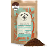 A 12 oz bag of Kochere Coffee Horn of Africa Reserve Signature Espresso Blend (medium-dark roast) by Kochere Coffee Company is shown beside ground coffee, with blend, origin, grind type, and fresh roast date info on the package.[12 oz][drip grind]