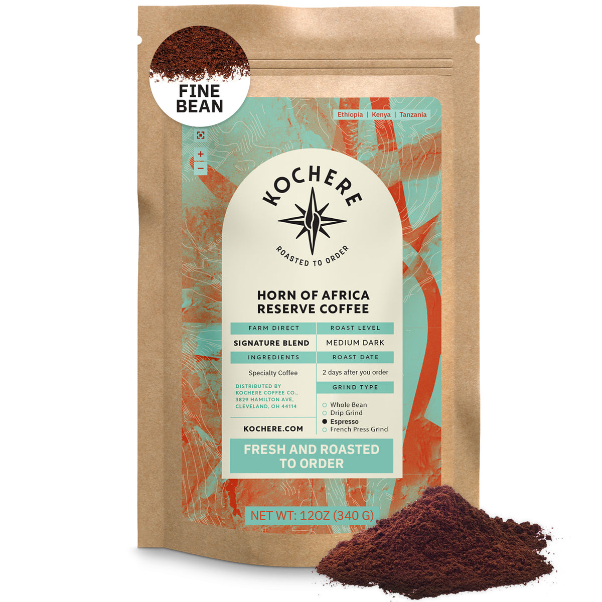 A brown bag labeled "Kochere Coffee Horn of Africa Reserve Signature Espresso Blend - Medium-Dark Roast" from Kochere Coffee Company sits upright with spilled grounds, highlighting its specialty blend and freshness.[12 oz][fine grind]