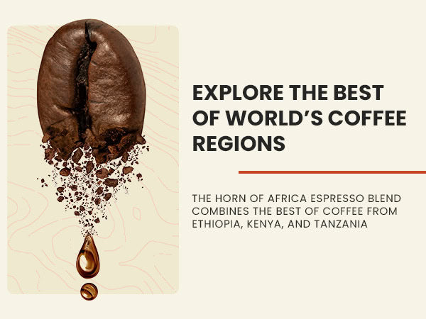 A large coffee bean above coffee grounds and a drop, with text promoting coffee blends from Ethiopia, Kenya, and Tanzania as the best of the world’s coffee regions.
