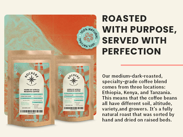 Two bags of Hochera Horn of Africa Reserve Coffee are displayed against a teal and orange background, with text describing the coffee’s origins and roasting process.