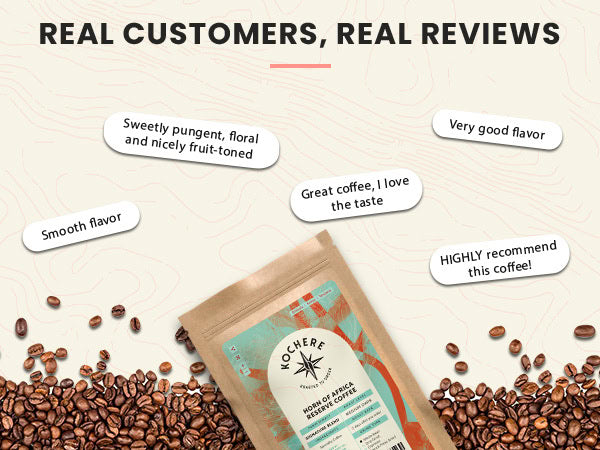 A bag of coffee surrounded by coffee beans with customer review quotes praising its flavor, aroma, and quality, under the heading "Real Customers, Real Reviews.
