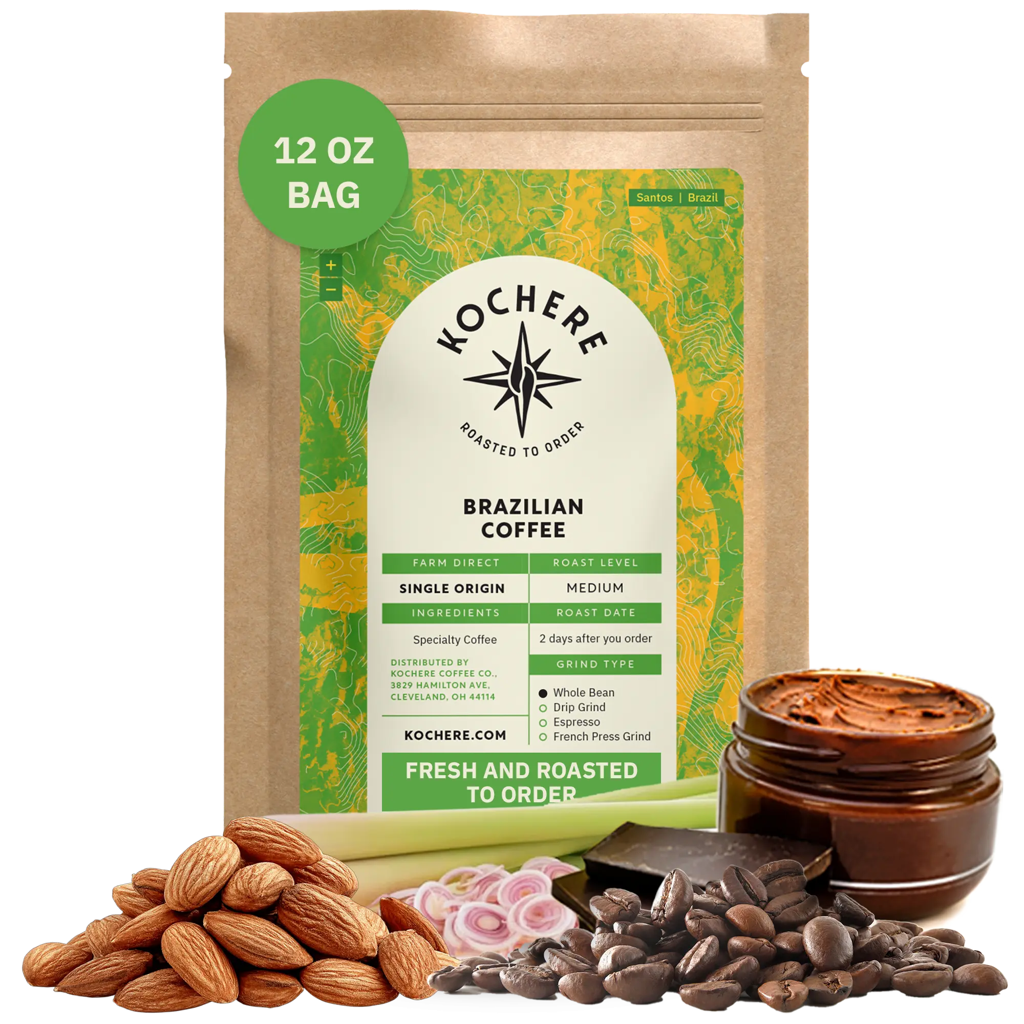 Bag of Kochere Single Origin Brazilian medium roast coffee, displayed with raw almonds, fresh lemongrass, and dark chocolate to represent its balanced, aromatic flavor profile. [12 oz][Whole Bean]