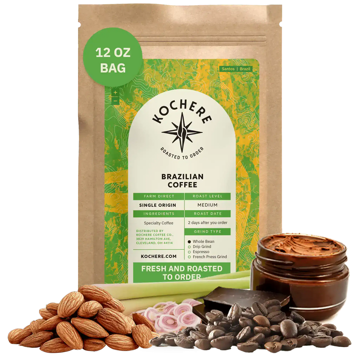 Bag of Kochere Single Origin Brazilian medium roast coffee, displayed with raw almonds, fresh lemongrass, and dark chocolate to represent its balanced, aromatic flavor profile. [12 oz][Whole Bean]