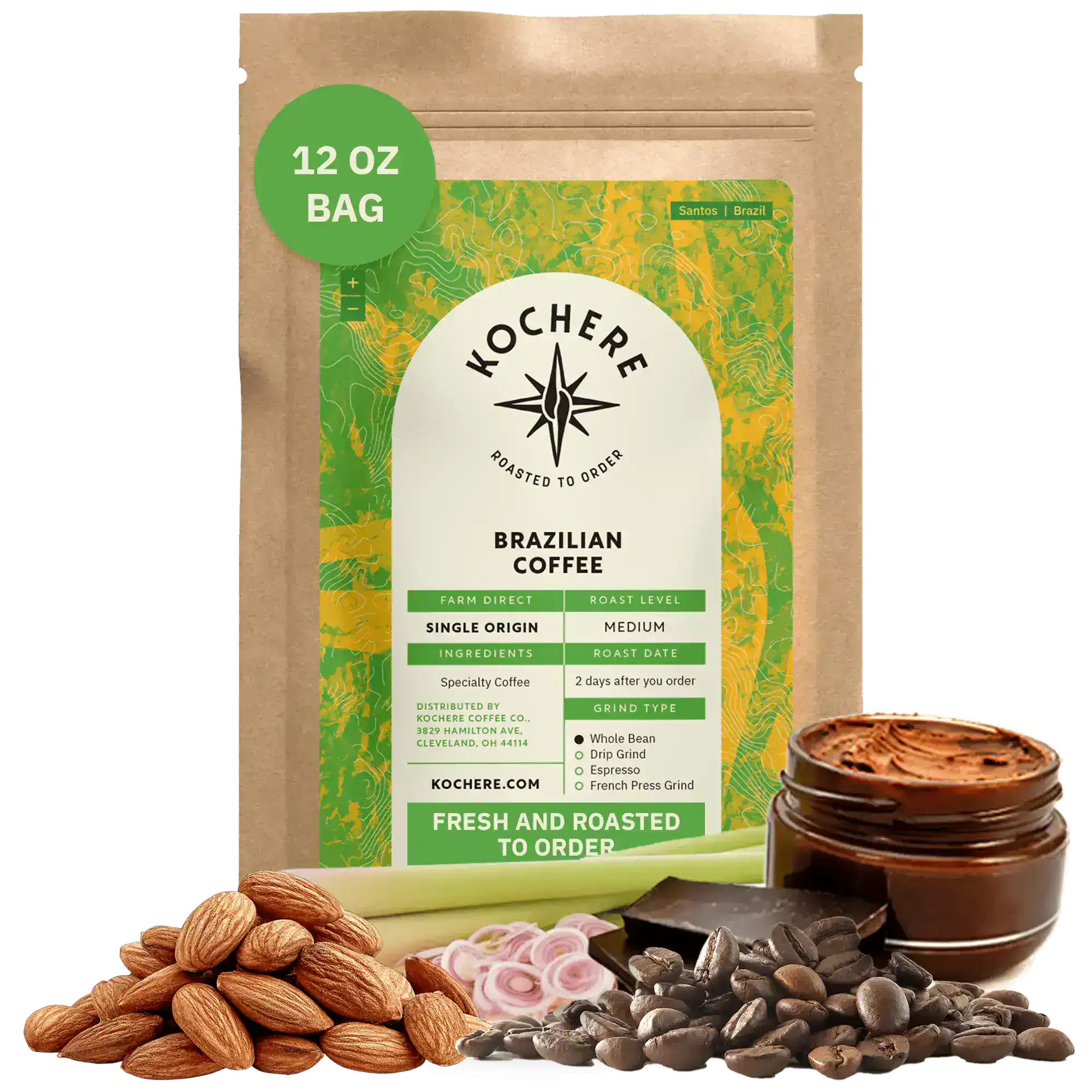 Bag of Kochere Single Origin Brazilian medium roast coffee, displayed with raw almonds, fresh lemongrass, and dark chocolate to represent its balanced, aromatic flavor profile. [12 oz][Whole Bean]