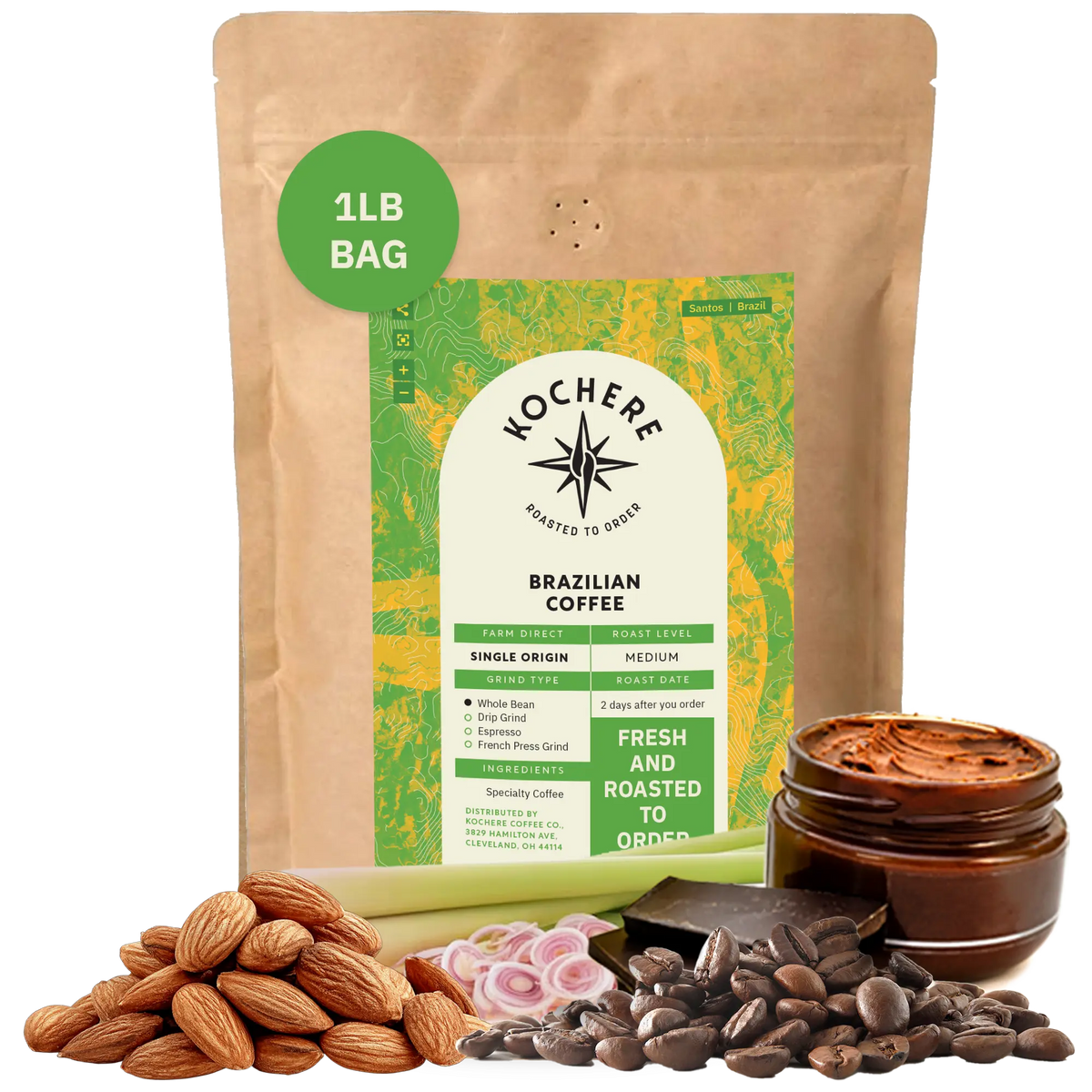 Bag of Kochere Single Origin Brazilian medium roast coffee, displayed with raw almonds, fresh lemongrass, and dark chocolate to represent its balanced, aromatic flavor profile. [1LB][Whole Bean]