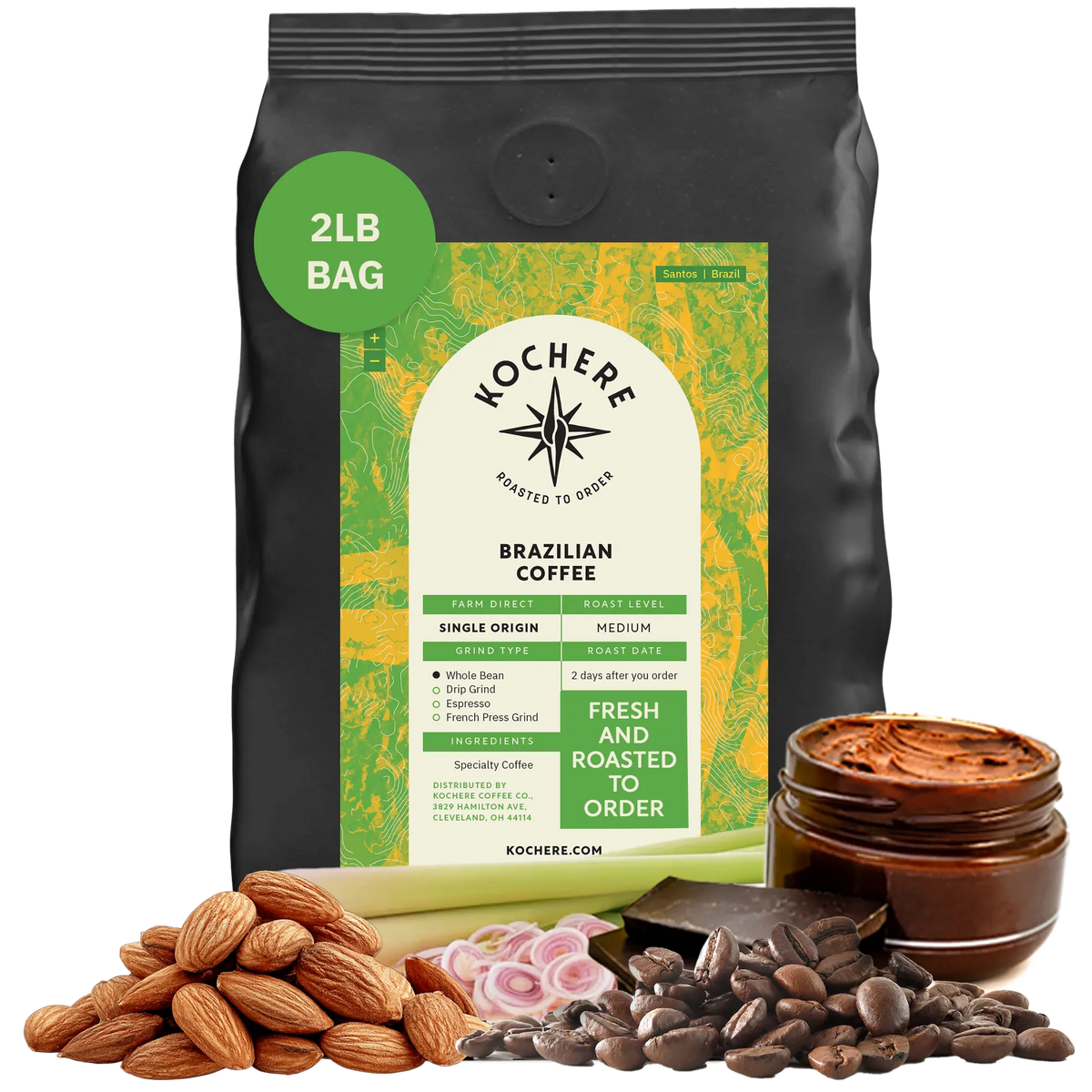 Bag of Kochere Single Origin Brazilian medium roast coffee, displayed with raw almonds, fresh lemongrass, and dark chocolate to represent its balanced, aromatic flavor profile. [2LB][Whole Bean]