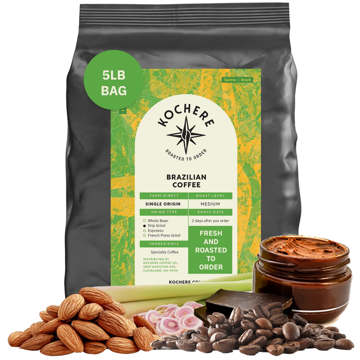 Bag of Kochere Single Origin Brazilian medium roast coffee, displayed with raw almonds, fresh lemongrass, and dark chocolate to represent its balanced, aromatic flavor profile. [5LB][Whole Bean]