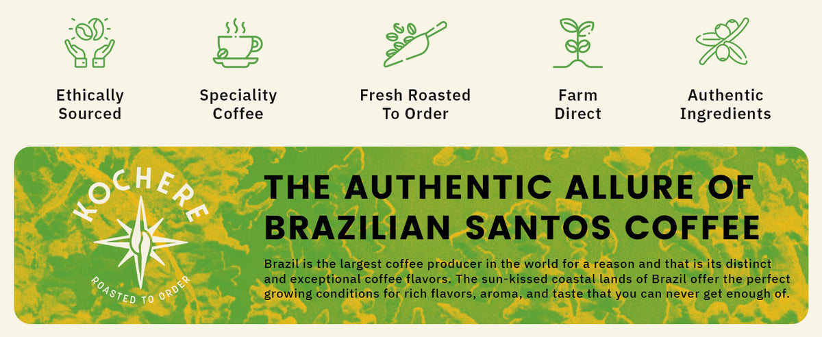 A promotional banner for KOCHERE Brazilian Santos Coffee highlights ethical sourcing, specialty beans, fresh roasting, farm direct supply, and authentic ingredients, with a brief product description.